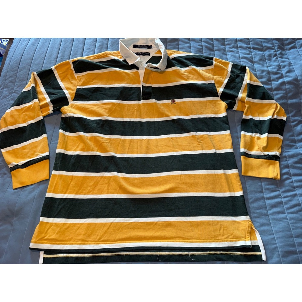Tommy Hilfiger Mens XL Rugby Shirt Yellow Green Striped Long Sleeve Cotton Crest